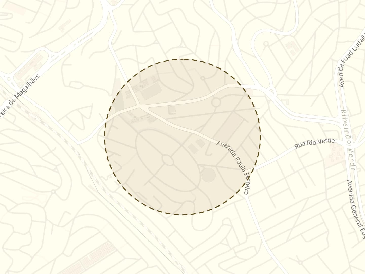 Mapa de Vila Pereira Barreto e arredores, com a região do bairro marcada por um círculo