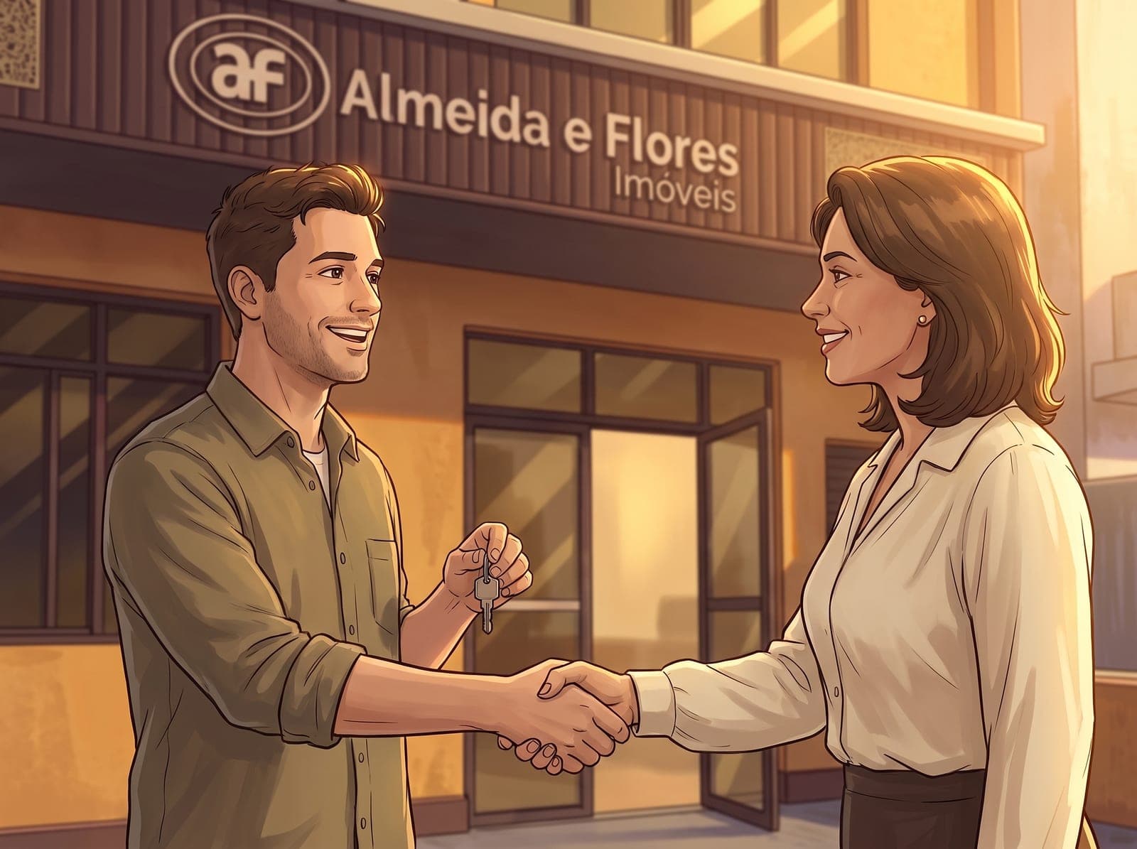 Ilustração: uma corretora aperta a mão de um cliente, que segura as chaves, na porta da sede da Almeida e Flores.