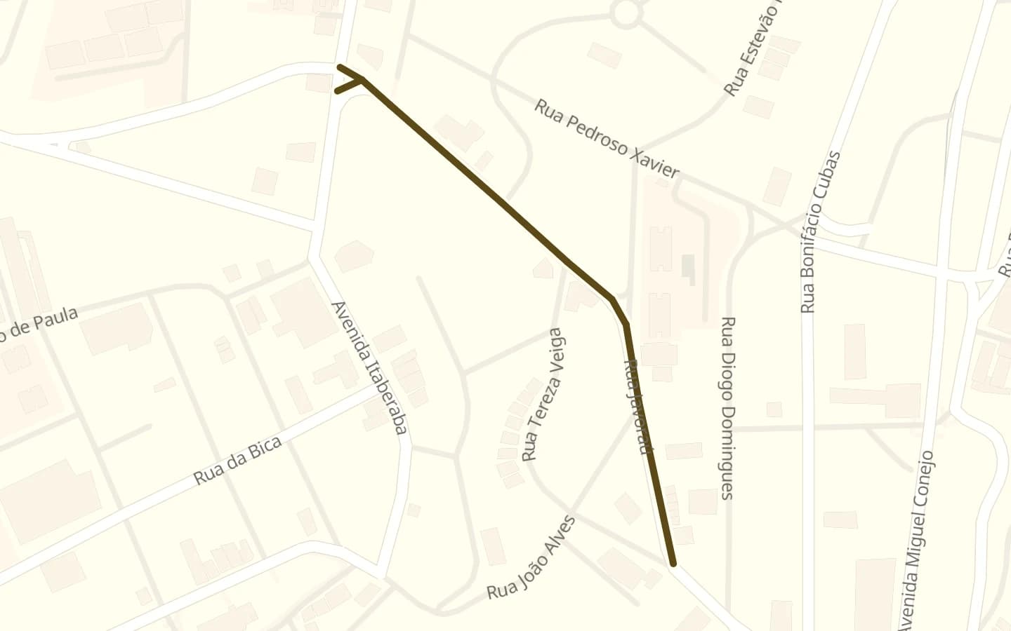 Mapa de Rua Javoraú e arredores, com a rua marcada