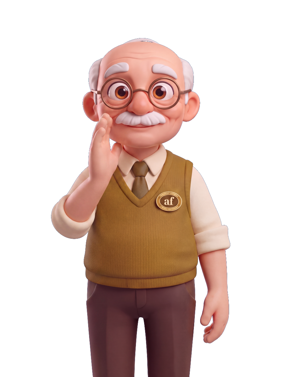 Seu Almeidinha, o personagem da Almeida e Flores, com a mão em concha ao lado da boca